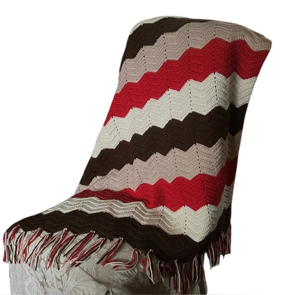 Vintage Hand Made Fall Colors Fringe Afghan.